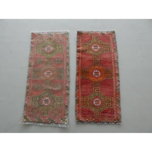 Pair of 2 Oushak Traditional Oriental Small Bedside Handmade | Area Rug in Rugs by Vintage Pillows Store. Item made of fabric & fiber