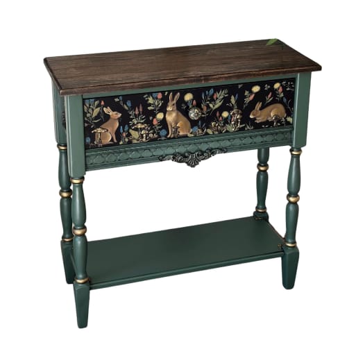 Narrow Wooden Console Table - Luxury Hand-Painted Green with Rabbit & Botanical Art | Tables by Birds and Gardens Inc. Item made of wood works with boho & mid century modern style