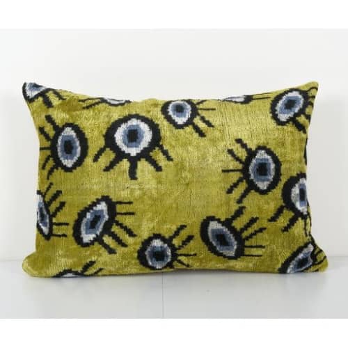 Ikat Eye Yelllow Pillow Pillow Cover - Silk Ethnic Velvet Lu | Cushion in Pillows by Vintage Pillows Store