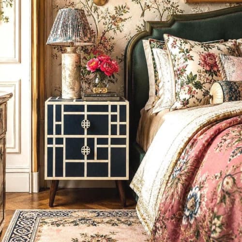 Navy Blue Bone Inlay Nightstand Chinoiserie Lattice Bedside Table with Drawers | Storage by IKKAZA