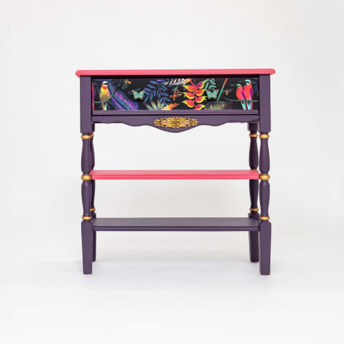 Narrow Tropical Birds Console Table, Handcrafted Solid Wood Entryway Table, Artisan Painted Accent Furniture | Tables by Birds and Gardens Inc. Item composed of maple wood