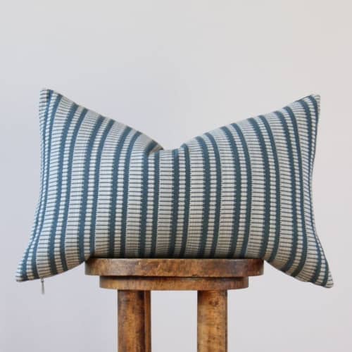 Sea Blue Linen with Embroidered Stripes Pillow 14x22 | Pillows by Vantage Design