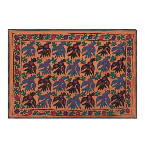 Vintage Folk Art Bird Pictorial Suzani From Uzbekistan | Area Rug in Rugs by Vintage Pillows Store. Item made of cotton