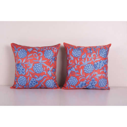 Square Silk Embroidery Suzani Pillow, Crimson Red Floral Suz | Cushion in Pillows by Vintage Pillows Store