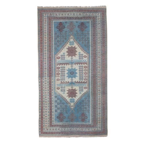 Vintage Faded Blue Turkish Oushak Rug 3'5" X 6'3" | Area Rug in Rugs by Vintage Pillows Store. Item made of cotton & fiber