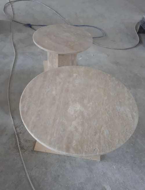 Travertine Coffee Table Set: Round Side Tables | Tables by AEGEAN MARBLE ARTISAN ATELIER