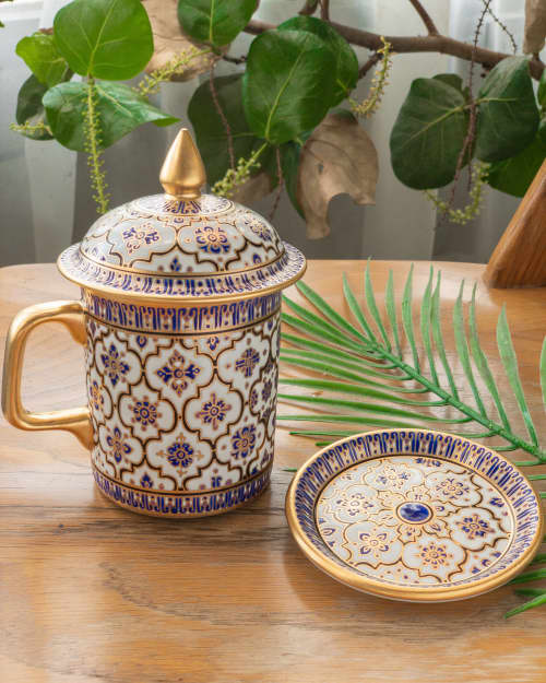 Gold Accented Coffee Mug Set: Hand-Painted with Lid & Saucer | Drinkware by Artisan Homeware | The Section Cafe in Tambon Kho Hong. Item made of ceramic