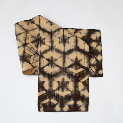 Raffia Shibori Table Runner - Turtle Pattern - Brown Black | Linens & Bedding by Tanana Madagascar. Item made of cotton with fiber