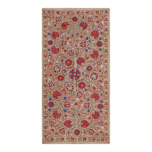 Embroidered Silk Suzani Table Runner with Tulip Motifs , Ecl | Tablecloth in Linens & Bedding by Vintage Pillows Store