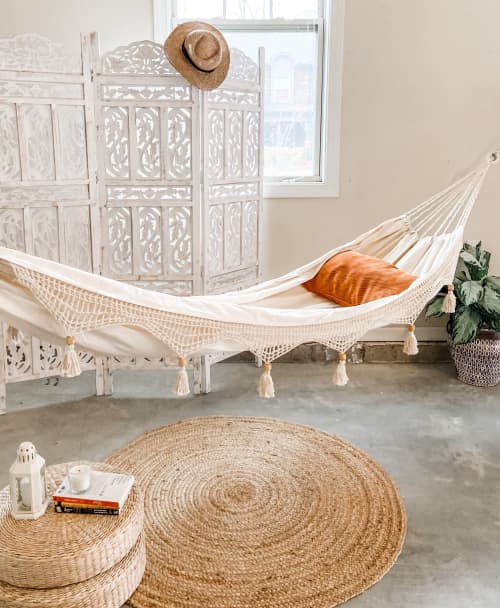 White Boho Crochet Fringe Hammock | DANIELLA | Chairs by Limbo Imports Hammocks. Item made of cotton with fiber