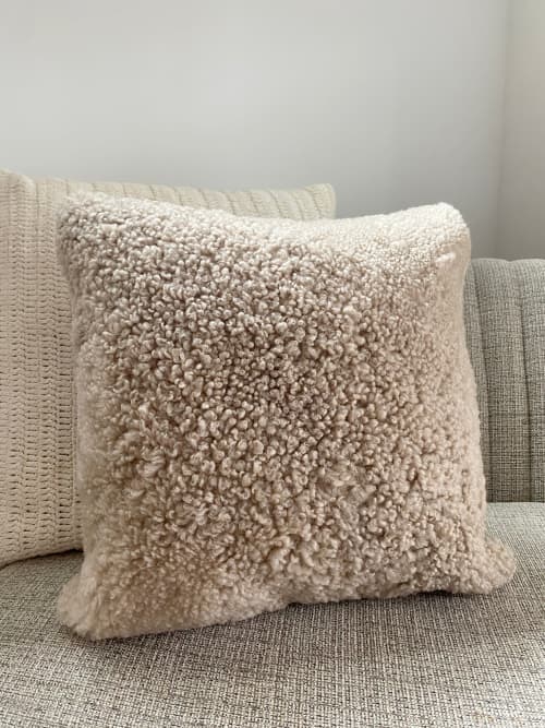 18” x 18” Tan Shearling Sheepskin Pillow | Cushion in Pillows by East Perry. Item made of fiber