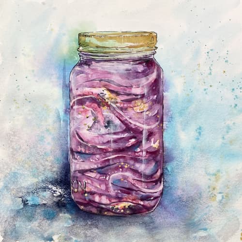 Pickled Onions 14x14 | Watercolor Painting in Paintings by Maya Murano Studio. Item made of paper works with art deco style