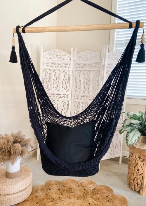 Black Woven Macrame Hammock Chair with tassels | DIANA BLACK | Chairs by Limbo Imports Hammocks. Item composed of wood & cotton