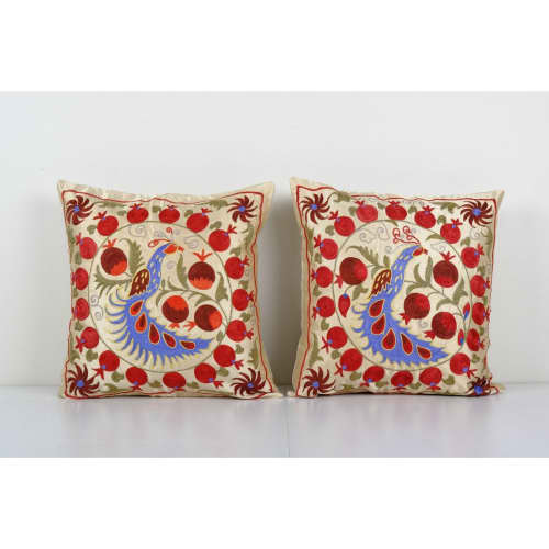 Suzani Textile Throw Pillow, Silk Cotton Blend Peacock Desig | Cushion in Pillows by Vintage Pillows Store