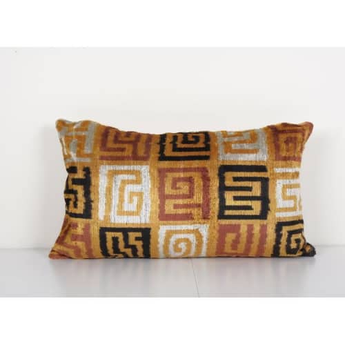 Gold Silk Ikat Velvet Pillow, Silk Ikat Lumbar Cushion Cover | Pillows by Vintage Pillows Store