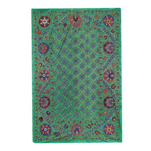 Silk Suzani Tapestry, Terra Cotta Suzani Wall Hanging Decor, | Tablecloth in Linens & Bedding by Vintage Pillows Store