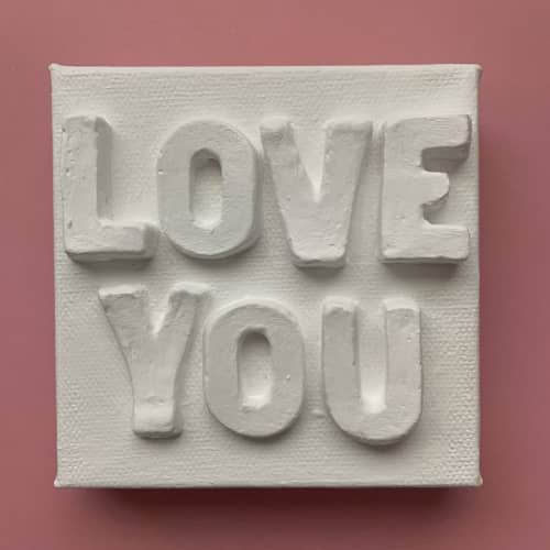 Love You 4" x 4" | Mixed Media in Paintings by Emeline Tate. Item composed of canvas & synthetic