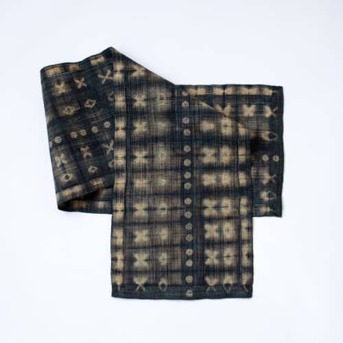 Raffia Shibori Table Runner - Cocoon & Moth Pattern-Charcoal | Linens & Bedding by Tanana Madagascar. Item composed of cotton and fiber