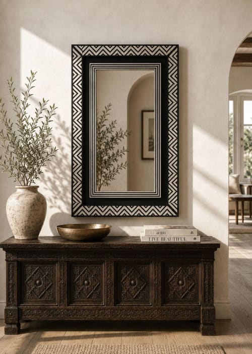 Art Deco Bone Inlay Chevron Mirror, Geometric Wall Decor, Handcrafted Black and White Frame | Decorative Objects by IKKAZA