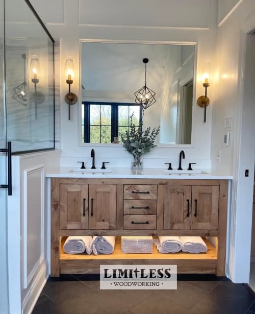 Model #1016 - Custom Double Sink Bathroom Vanity | Countertop in Furniture by Limitless Woodworking. Item made of maple wood works with contemporary & country & farmhouse style
