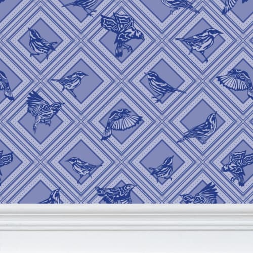 Trellis - Magnolia Warblers - Blue Birds - Wallpaper Print | Wall Treatments by Sean Martorana. Item made of paper