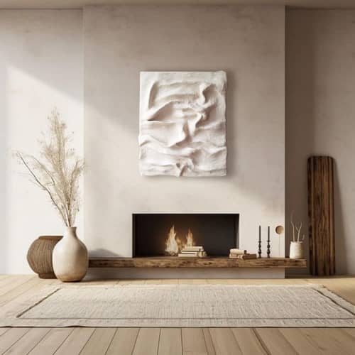 Textured 3D Plaster Painting: Handmade Beige & White Relief Wall Art, Folded Fabric Effect | Wall Sculpture in Wall Hangings by Vaiva Art Atelier