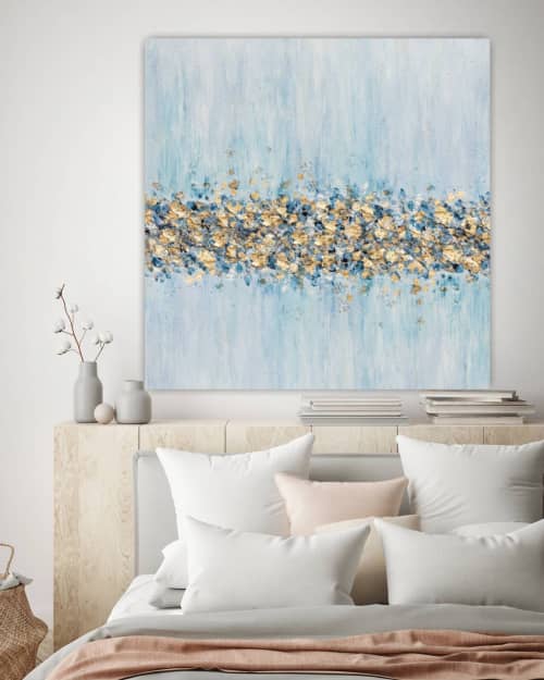 Abstract gold leaf painting blue painting gold dots silver | Oil And Acrylic Painting in Paintings by Berez Art. Item made of canvas works with coastal & modern style