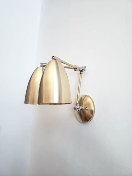 Modern Dual Shade Wall Sconce - Brushed Brass & Nickel - Mid | Sconces by Retro Steam Works. Item made of brass compatible with mid century modern and industrial style