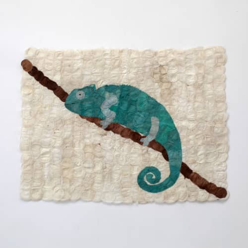Mulberry Silk Chameleon | Tapestry in Wall Hangings by Tanana Madagascar. Item made of fabric & fiber