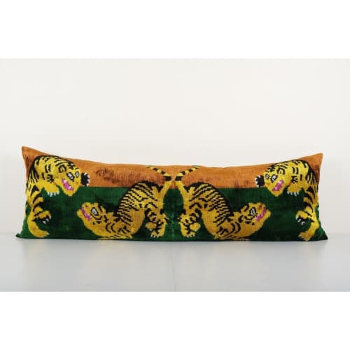 Fighting Tiger Ikat Velvet Pillow, Handwoven Silk Velvet Ext | Cushion in Pillows by Vintage Pillows Store. Item made of cotton