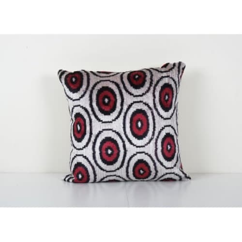 Red Polka Dot Ikat Velvet Pillow - Square Silk Velvet Cushio | Cushion in Pillows by Vintage Pillows Store