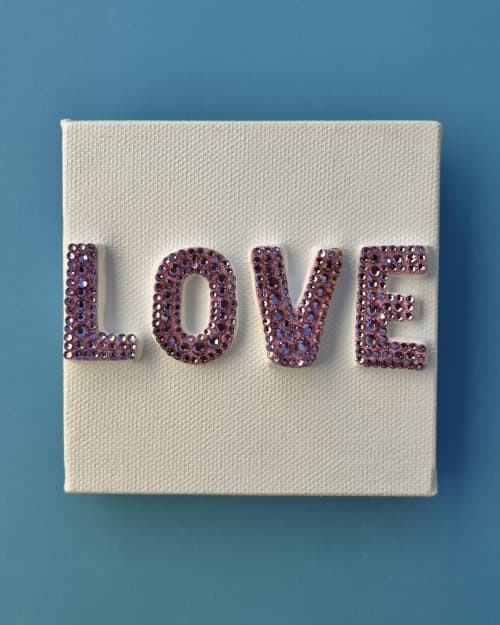 Love Pink Crystal 4" x 4" | Mixed Media in Paintings by Emeline Tate. Item made of canvas with synthetic