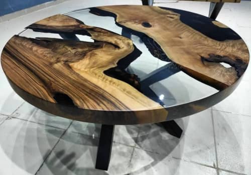 Custom Order 42" Diameter Round Walnut Wood Clear Epoxy | Dining Table in Tables by LuxuryEpoxyFurniture. Item made of wood with synthetic