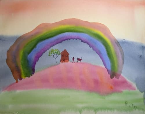 Rainbow and Tree - Original Watercolor | Watercolor Painting in Paintings by Rita Winkler - My Art, My Shop - Where Every Stroke Speaks of Joy and Inclusion (watercolors by artist who has Down syndrome). Item composed of paper compatible with contemporary and modern style