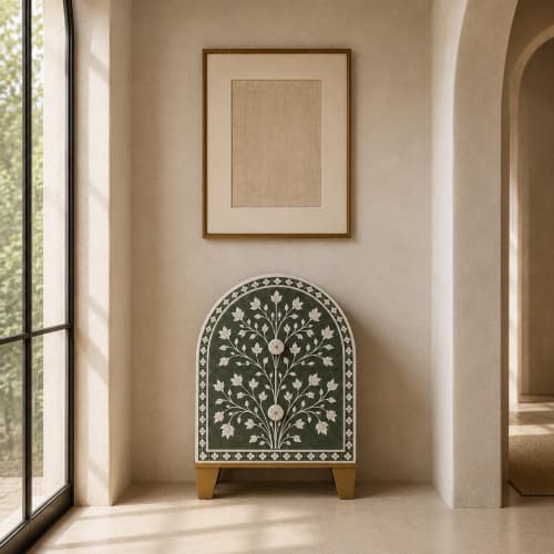 Emerald Green Bone Inlay Arched Nightstand Tree of Life Boho Bedside Table | Storage by IKKAZA
