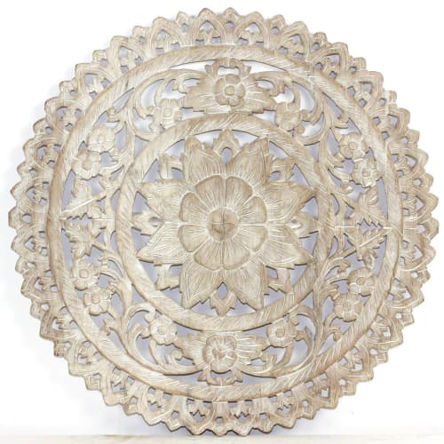 Haussmann® Teak Lotus Panel Inlay Round 60 cm H Sand Washed | Engraving in Art & Wall Decor by Haussmann®