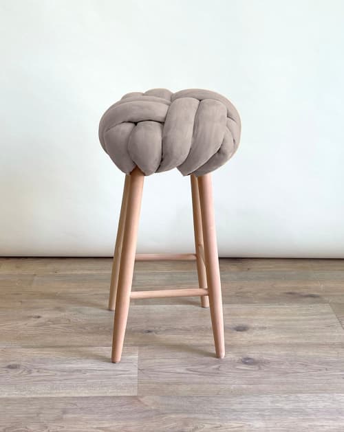 Arora Grey Vegan Suede Knot Bar Stool | Chairs by Knots Studio. Item made of wood with fabric