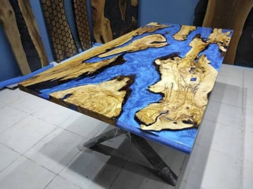 Custom Order Blue Epoxy Olive Wood Dining Table | Tables by LuxuryEpoxyFurniture. Item composed of wood and synthetic