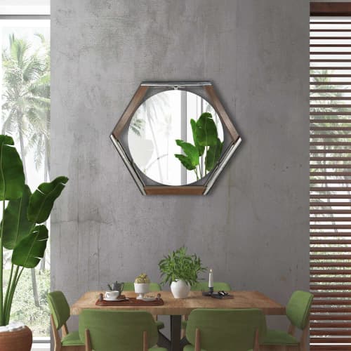 Walnut and Brushed Metal Floating Hexagon Mirror | Decorative Objects by Sand & Iron