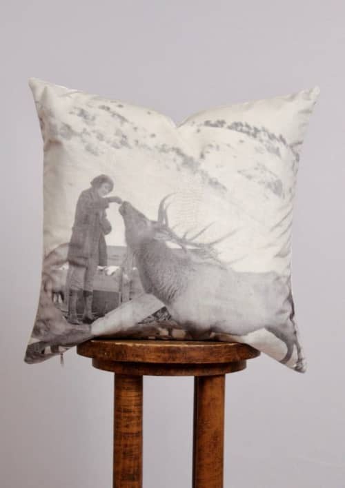 "Feeding Elk 2" Velvet Decorative Pillow 20x20 | Pillows by Vantage Design
