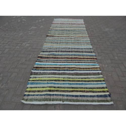 Vintage Striped Modern Turkish Rag Rug 3'11'' x 10'6'' | Runner Rug in Rugs by Vintage Pillows Store. Item made of cotton