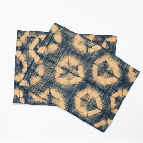 Raffia Shibori Placemat (Pair) - Turtle Pattern - Indigo | Tableware by Tanana Madagascar. Item composed of fabric