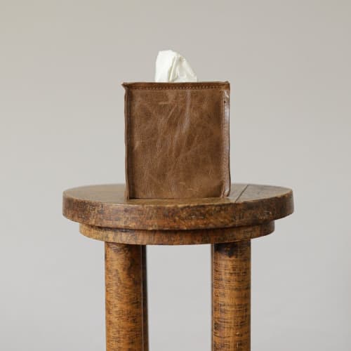 Light Brown Leather Single Tissue Box Cover | Decorative Box in Decorative Objects by Vantage Design