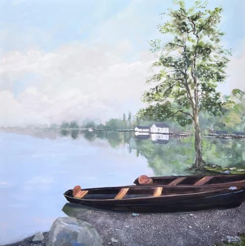 Windermere Boats | Oil And Acrylic Painting in Paintings by Meredith H. Item composed of canvas compatible with minimalism and contemporary style