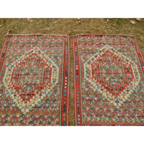 Vintage Handwoven Multi Colored Small Wool Pair Turkish | Area Rug in Rugs by Vintage Pillows Store. Item composed of wool and fiber