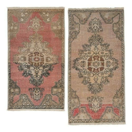 Set of Two Distressed Turkish Small Rug - a Pair | Area Rug in Rugs by Vintage Pillows Store. Item made of cotton with fiber