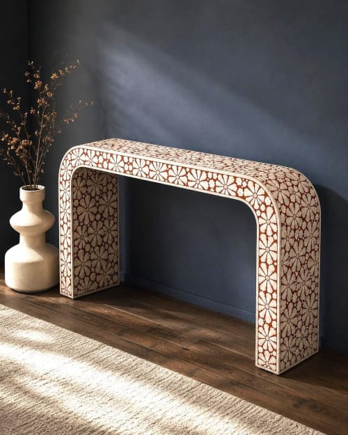 Terracotta Bone Inlay Waterfall Console Table, Boho Hallway Sofa Table | Tables by IKKAZA
