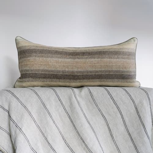 Neutral Striped Wool with Wool Welt Lumbar Pillow 16x34 | Pillows by Vantage Design