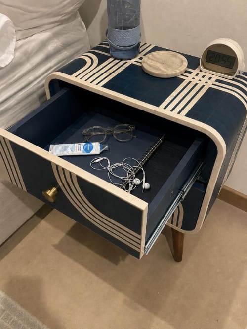 Handmade Art Deco Bone Inlay Nightstand Chic Bedside Table, Brass Knobs, Walnut Legs | Storage by IKKAZA