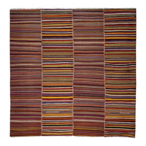 1960s Vintage Striped Turkish Kilim Rug 9'8" X 9'10" | Area Rug in Rugs by Vintage Pillows Store. Item composed of cotton and fiber